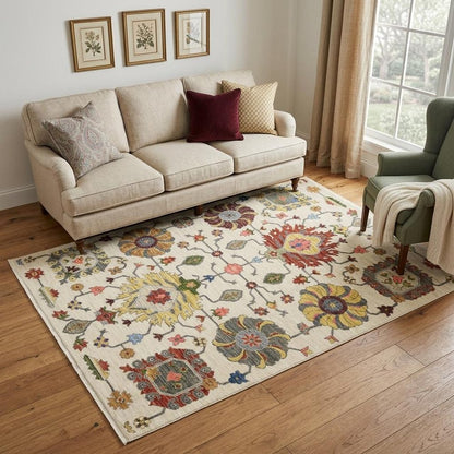 5' X 8' Ivory Blue And Red Oriental Area Rug With Fringe