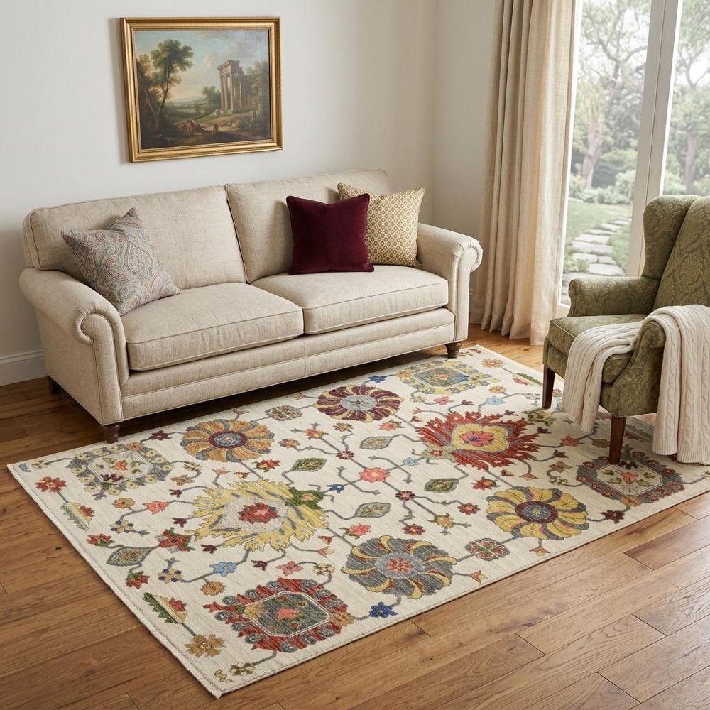 5' X 8' Ivory Blue And Red Oriental Area Rug With Fringe