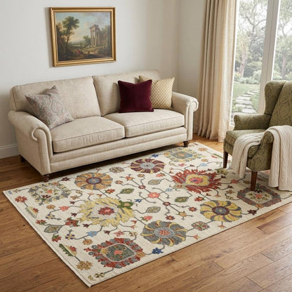 5' X 8' Ivory Blue And Red Oriental Area Rug With Fringe