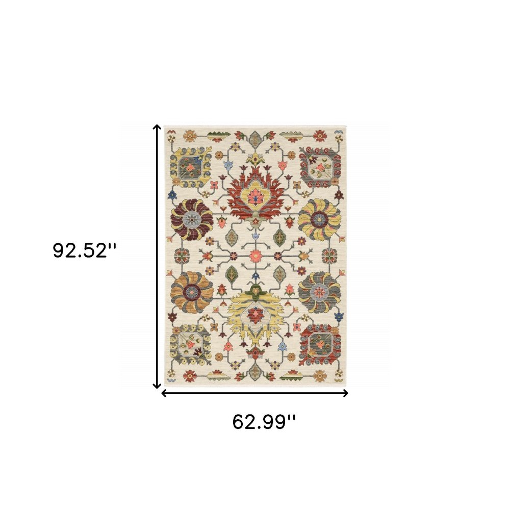 5' X 8' Ivory Blue And Red Oriental Area Rug With Fringe
