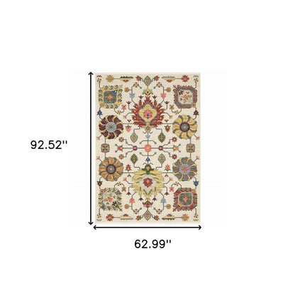 5' X 8' Ivory Blue And Red Oriental Area Rug With Fringe
