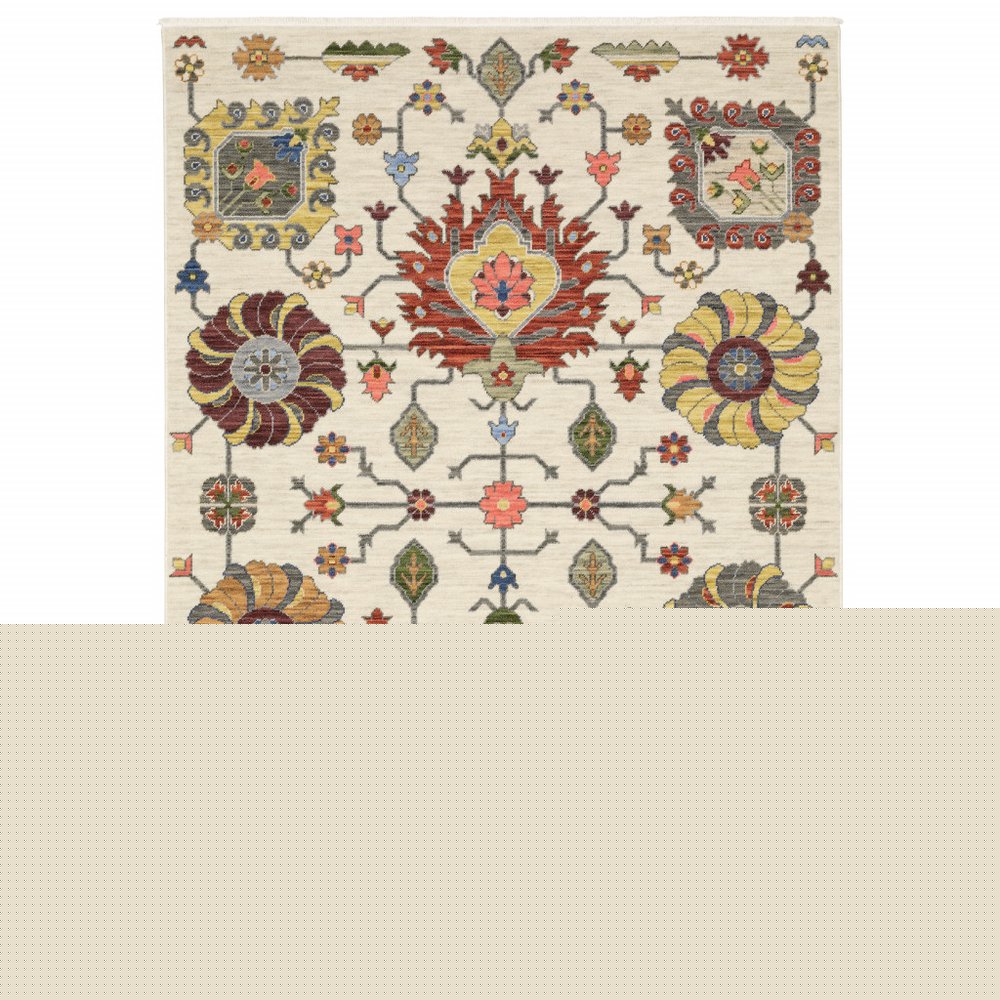 5' X 8' Ivory Blue And Red Oriental Area Rug With Fringe
