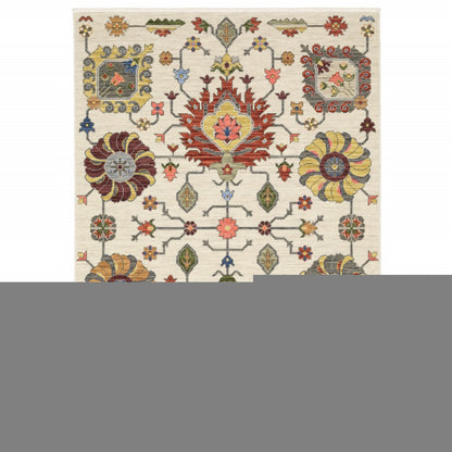 5' X 8' Ivory Blue And Red Oriental Area Rug With Fringe