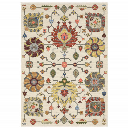 5' X 8' Ivory Blue And Red Oriental Area Rug With Fringe