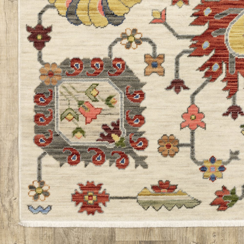 5' X 8' Ivory Blue And Red Oriental Area Rug With Fringe