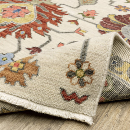 5' X 8' Ivory Blue And Red Oriental Area Rug With Fringe