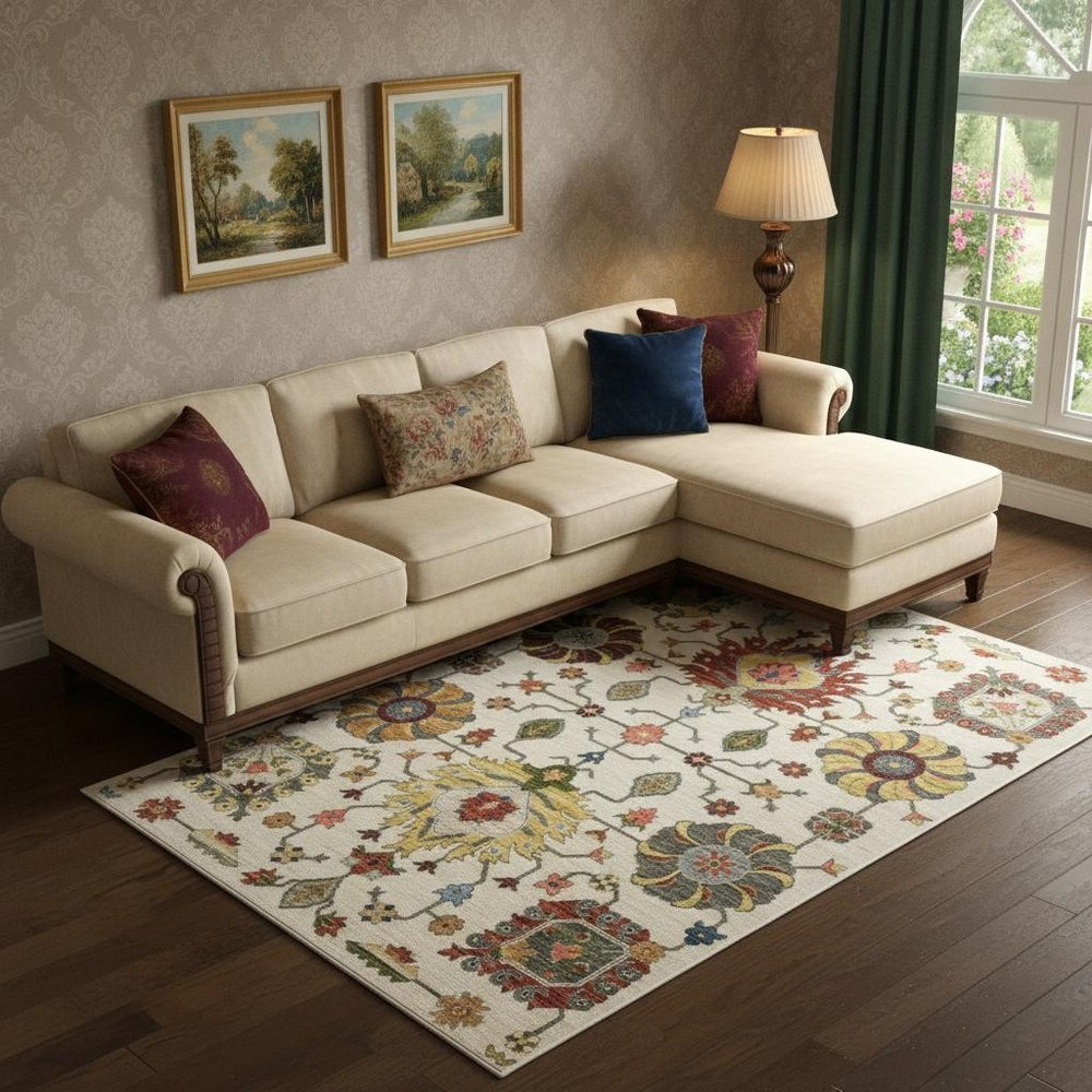 6' X 9' Ivory Yellow Rust Green Grey Pink Orange Blue And Grey Oriental Power Loom Stain Resistant Area Rug With Fringe