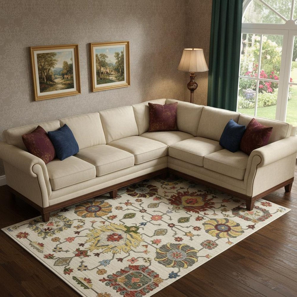 8' X 11' Ivory Yellow Rust Green Grey Pink Orange Blue And Grey Oriental Power Loom Stain Resistant Area Rug With Fringe