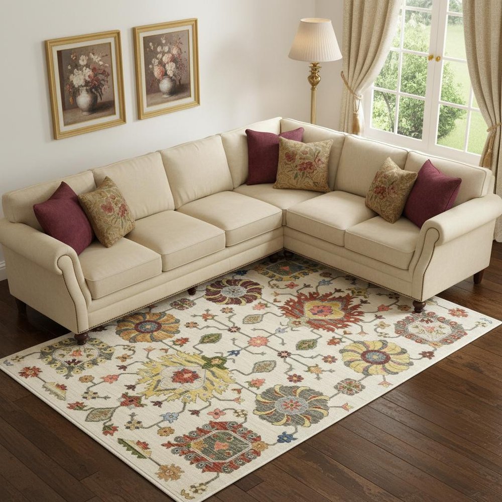 10' X 13' Ivory Yellow Rust Green Grey Pink Orange Blue And Grey Oriental Power Loom Stain Resistant Area Rug With Fringe