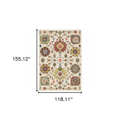 10' X 13' Ivory Yellow Rust Green Grey Pink Orange Blue And Grey Oriental Power Loom Stain Resistant Area Rug With Fringe