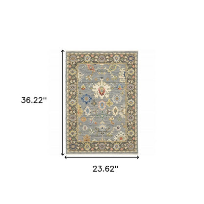 2' X 3' Blue Grey Gold Green Pink Orange Ivory And Red Oriental Power Loom Stain Resistant Area Rug With Fringe