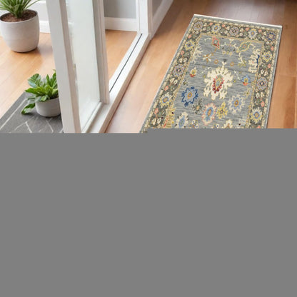 6' Blue Ivory And Red Oriental Runner Rug With Fringe