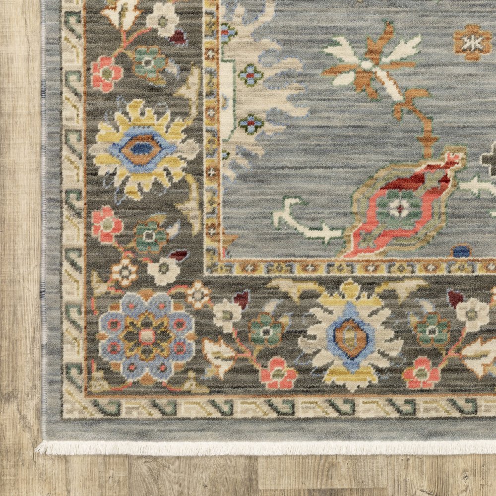 6' Blue Ivory And Red Oriental Runner Rug With Fringe
