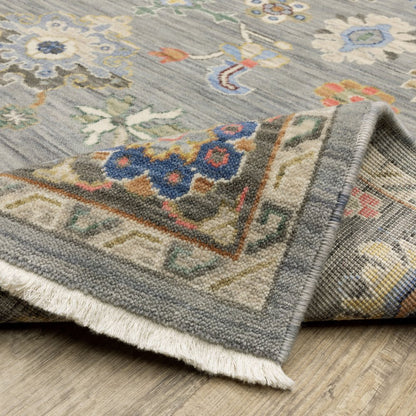 6' Blue Ivory And Red Oriental Runner Rug With Fringe