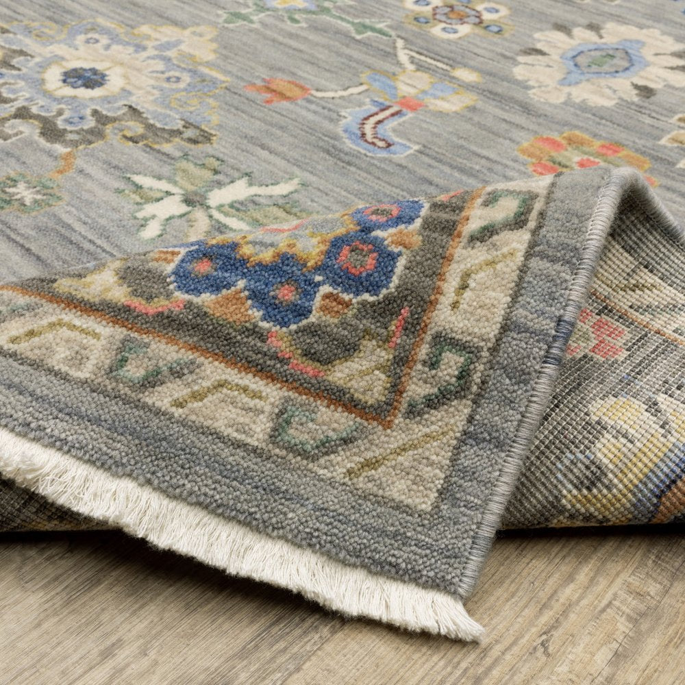 6' Blue Ivory And Red Oriental Runner Rug With Fringe