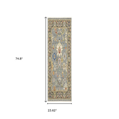 6' Blue Ivory And Red Oriental Runner Rug With Fringe