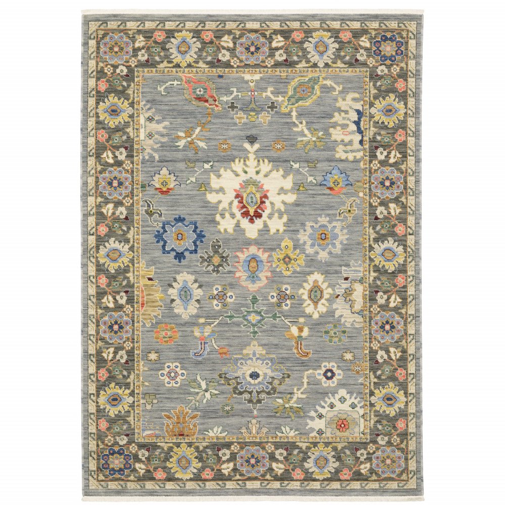 5' X 8' Blue Ivory And Red Oriental Area Rug With Fringe