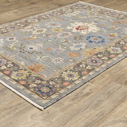 5' X 8' Blue Ivory And Red Oriental Area Rug With Fringe