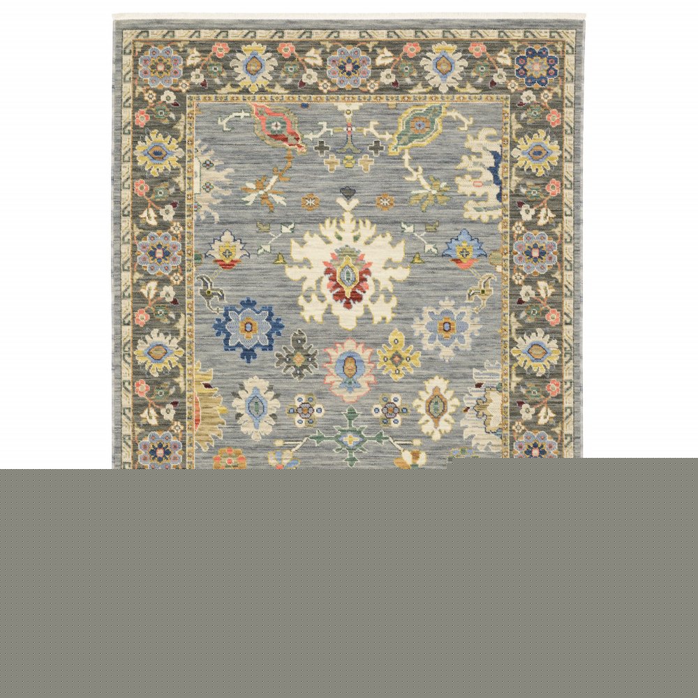 10' X 13' Blue Grey Gold Green Pink Orange Ivory And Red Oriental Power Loom Stain Resistant Area Rug With Fringe