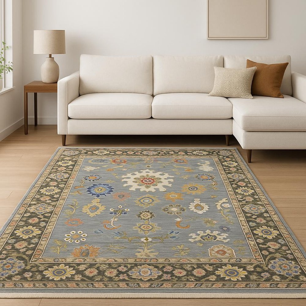 10' X 13' Blue Grey Gold Green Pink Orange Ivory And Red Oriental Power Loom Stain Resistant Area Rug With Fringe