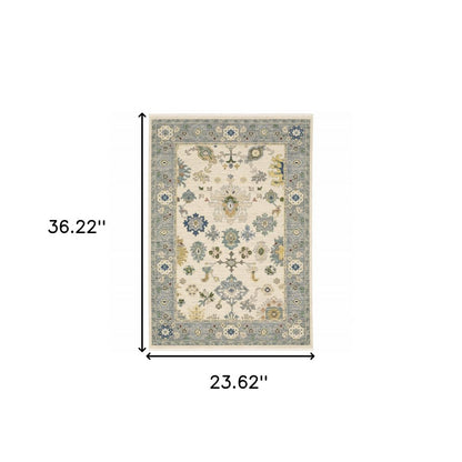 2' X 3' Ivory Blue Grey Teal Gold Green And Rust Oriental Power Loom Stain Resistant Area Rug With Fringe