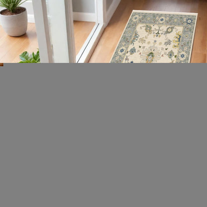 6' Ivory And Blue Oriental Runner Rug With Fringe