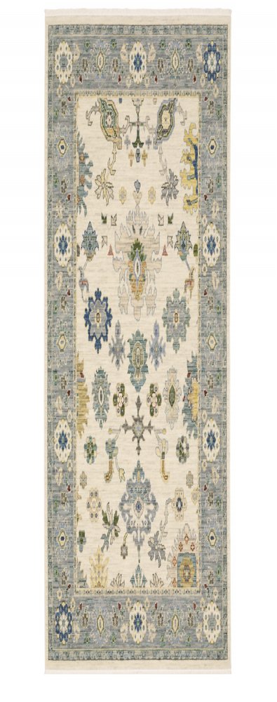 6' Ivory And Blue Oriental Runner Rug With Fringe
