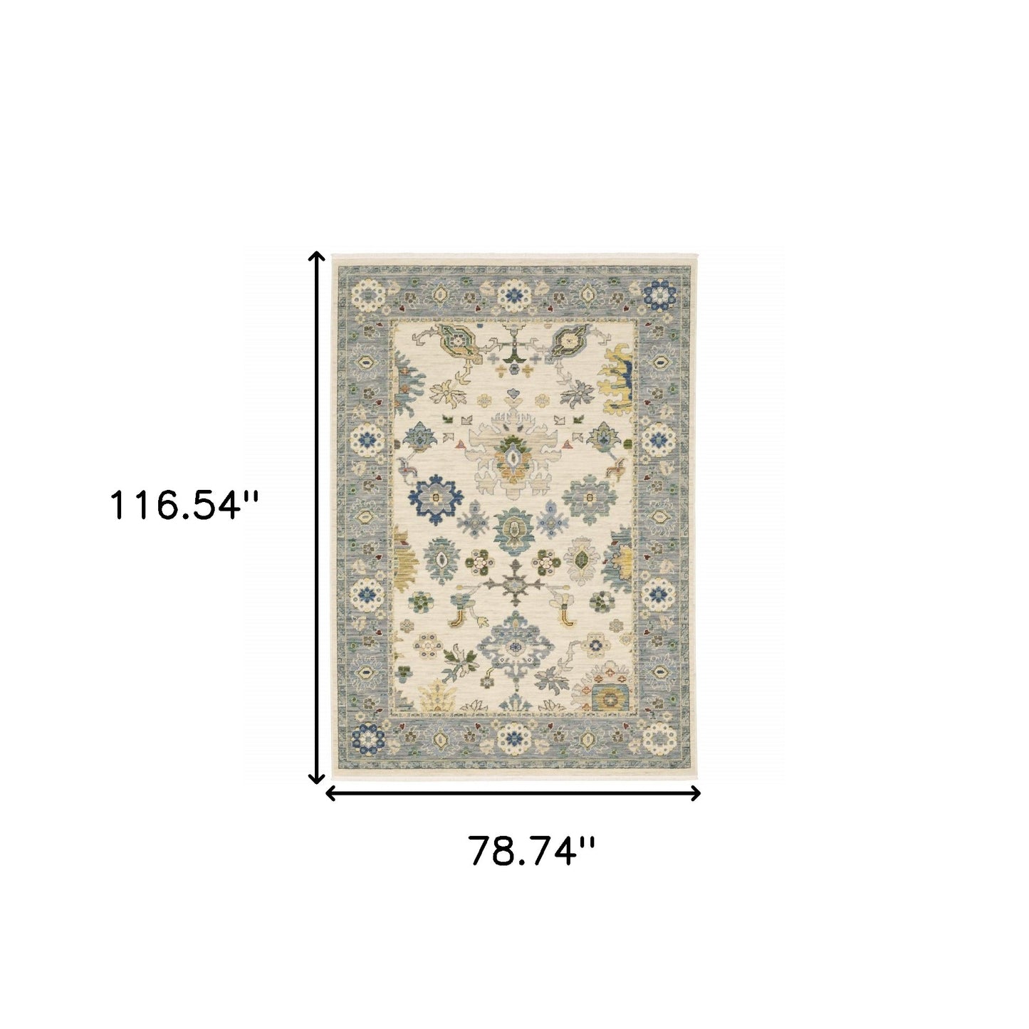 6' X 9' Ivory Blue Grey Teal Gold Green And Rust Oriental Power Loom Stain Resistant Area Rug With Fringe