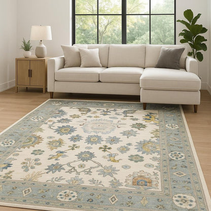 8' X 11' Ivory Blue Grey Teal Gold Green And Rust Oriental Power Loom Stain Resistant Area Rug With Fringe