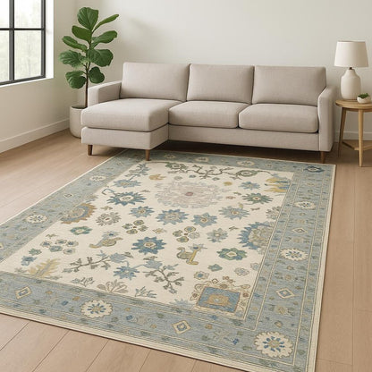 10' X 13' Ivory Blue Grey Teal Gold Green And Rust Oriental Power Loom Stain Resistant Area Rug With Fringe