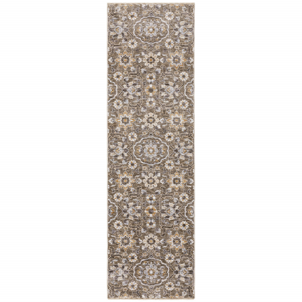 2' X 8' Grey And Tan Floral Power Loom Stain Resistant Runner Rug With Fringe