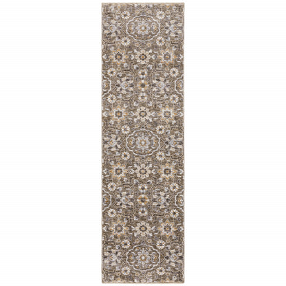 2' X 8' Grey And Tan Floral Power Loom Stain Resistant Runner Rug With Fringe