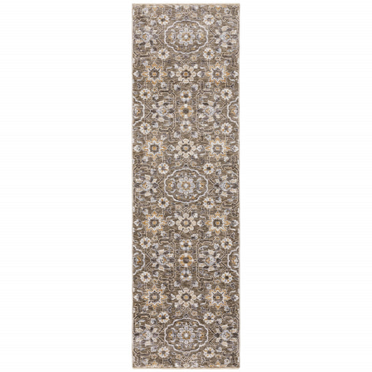 2' X 8' Grey And Tan Floral Power Loom Stain Resistant Runner Rug With Fringe