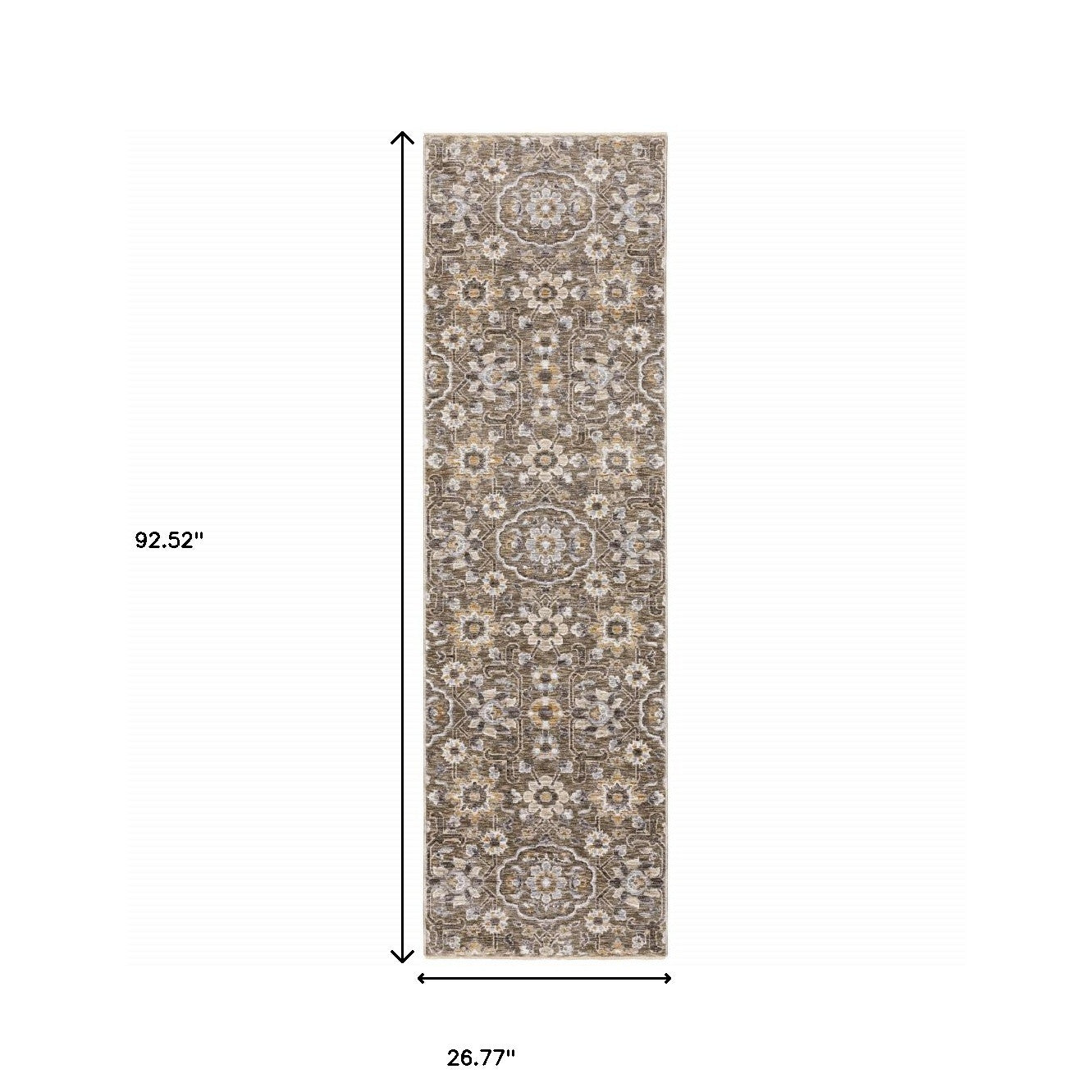 2' X 8' Grey And Tan Floral Power Loom Stain Resistant Runner Rug With Fringe