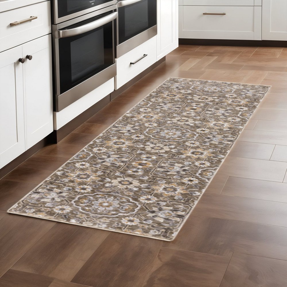 2' X 8' Grey And Tan Floral Power Loom Stain Resistant Runner Rug With Fringe