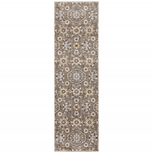 2' X 8' Grey And Tan Floral Power Loom Stain Resistant Runner Rug With Fringe
