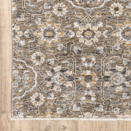 2' X 3' Grey And Tan Floral Power Loom Stain Resistant Area Rug With Fringe