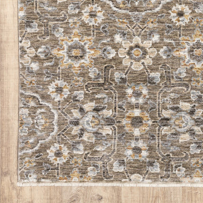 2' X 3' Grey And Tan Floral Power Loom Stain Resistant Area Rug With Fringe