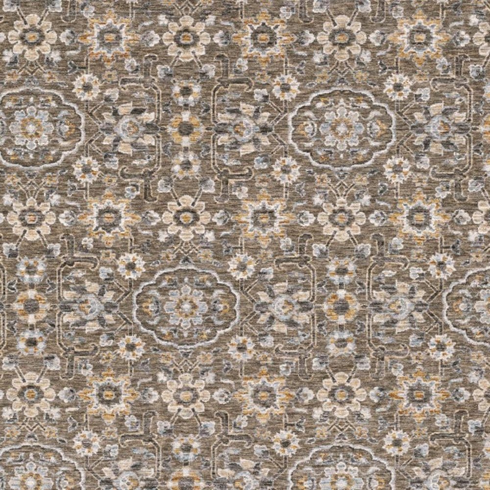 3' X 5' Grey And Tan Floral Power Loom Stain Resistant Area Rug With Fringe