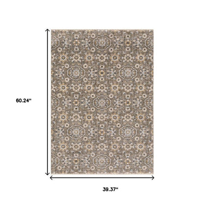 3' X 5' Grey And Tan Floral Power Loom Stain Resistant Area Rug With Fringe