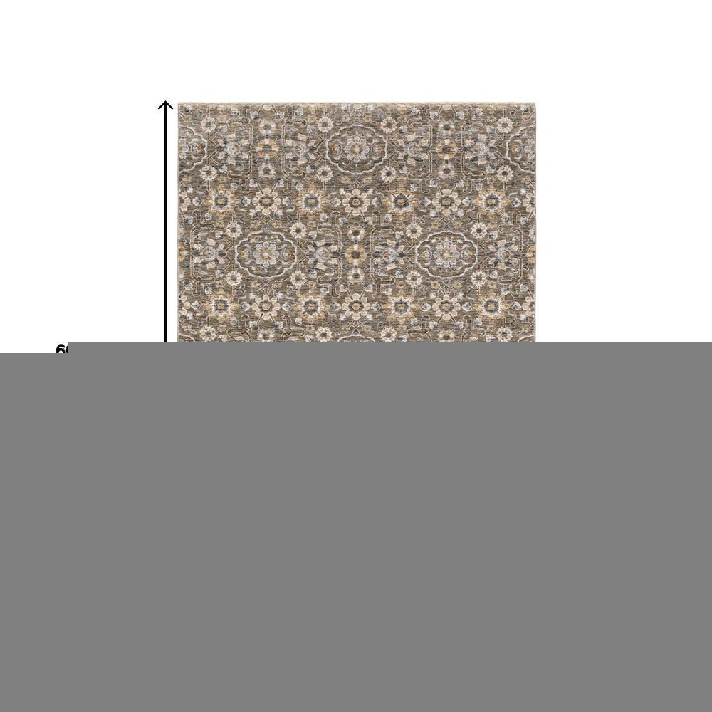 3' X 5' Grey And Tan Floral Power Loom Stain Resistant Area Rug With Fringe