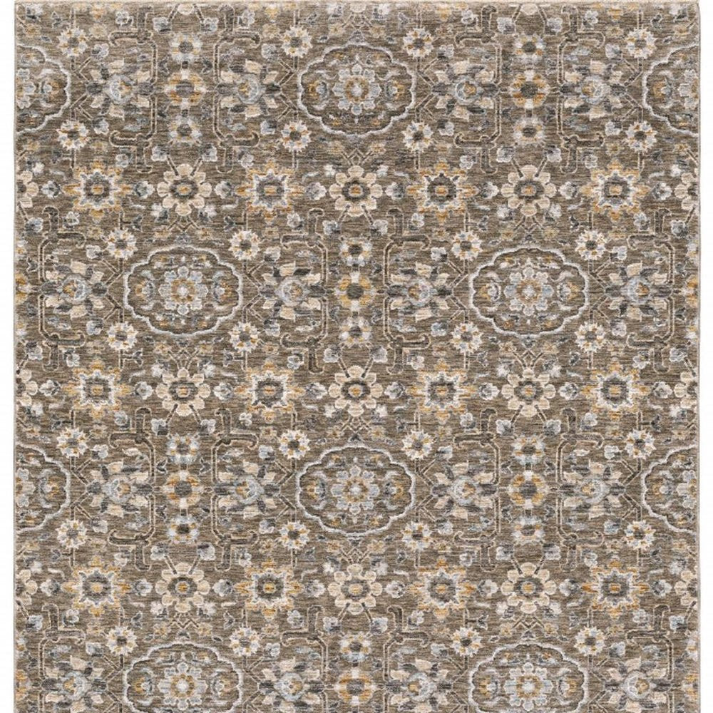 3' X 5' Grey And Tan Floral Power Loom Stain Resistant Area Rug With Fringe