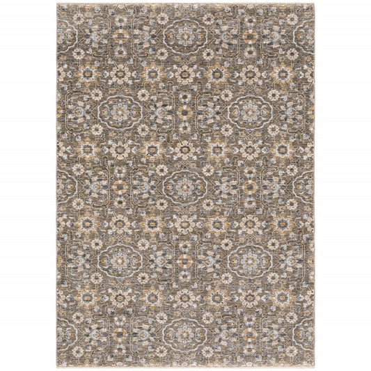 3' X 5' Grey And Tan Floral Power Loom Stain Resistant Area Rug With Fringe