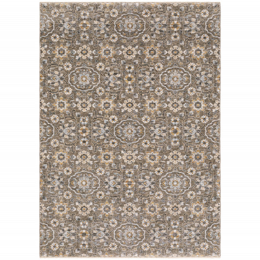 6' X 9' Grey And Tan Floral Power Loom Stain Resistant Area Rug With Fringe