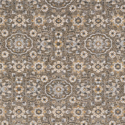 7' X 10' Gray And Gold Floral Area Rug With Fringe