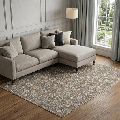 7' X 10' Gray And Gold Floral Area Rug With Fringe