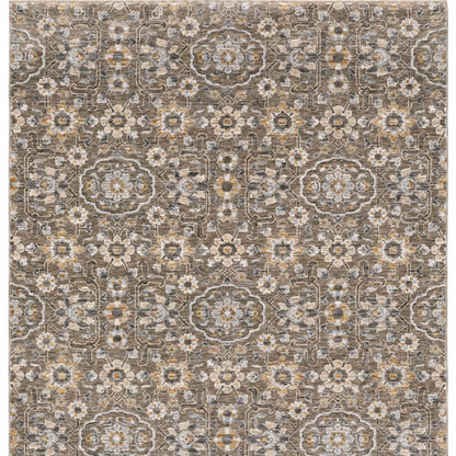 7' X 10' Gray And Gold Floral Area Rug With Fringe