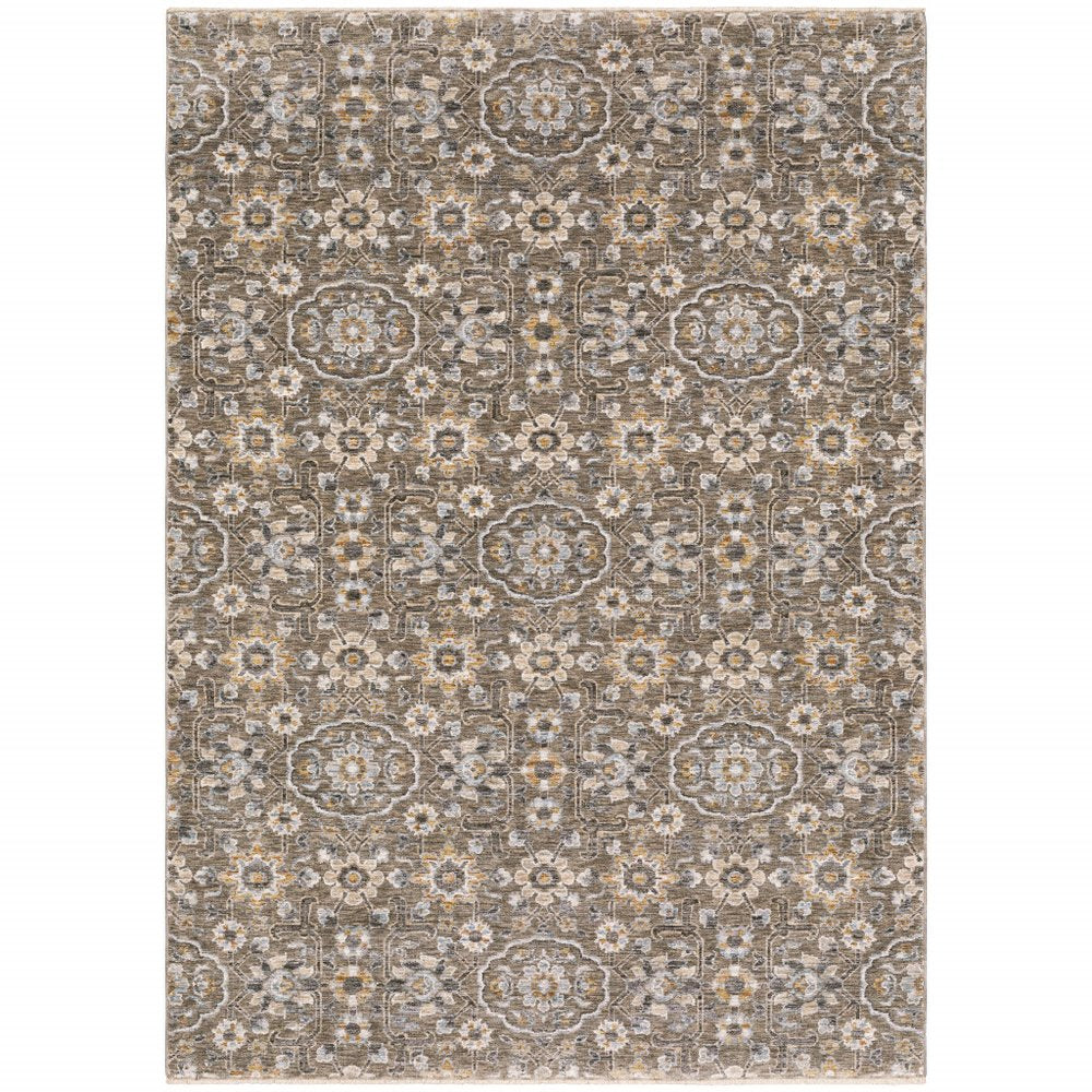 7' X 10' Gray And Gold Floral Area Rug With Fringe