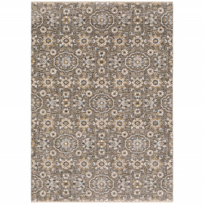 7' X 10' Gray And Gold Floral Area Rug With Fringe