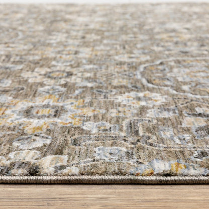 7' X 10' Gray And Gold Floral Area Rug With Fringe
